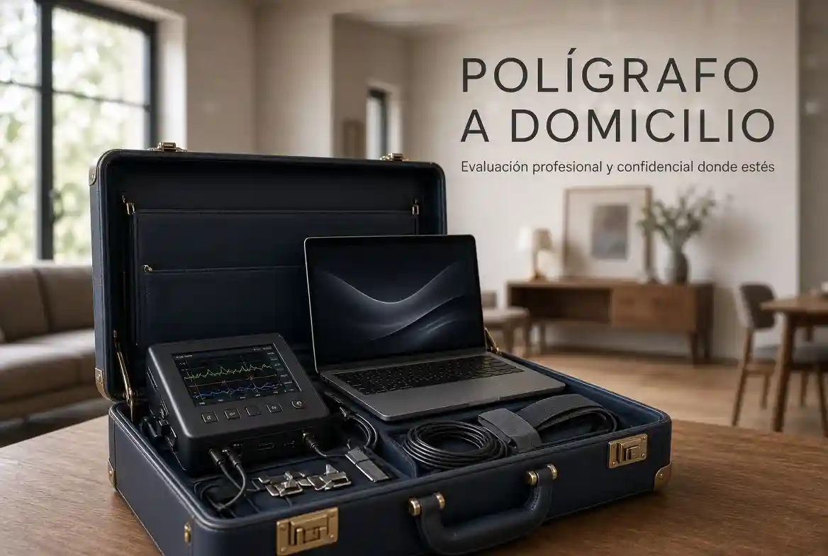Maletín con equipo de polígrafo abierto sobre una mesa, para una evaluación a domicilio en Lima